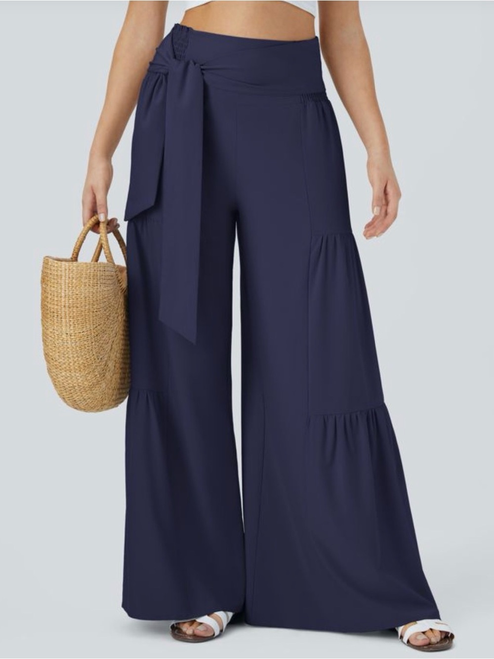 Halara Navy Blue Tie-Waist Wide Leg Tiered Pants – Size M Regular